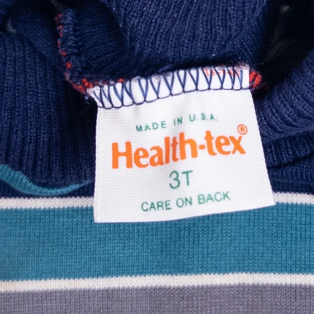 Vintage Health-tex Striped Turtle Neck Top 90s Navy Red Teal Made in USA Kids 3T